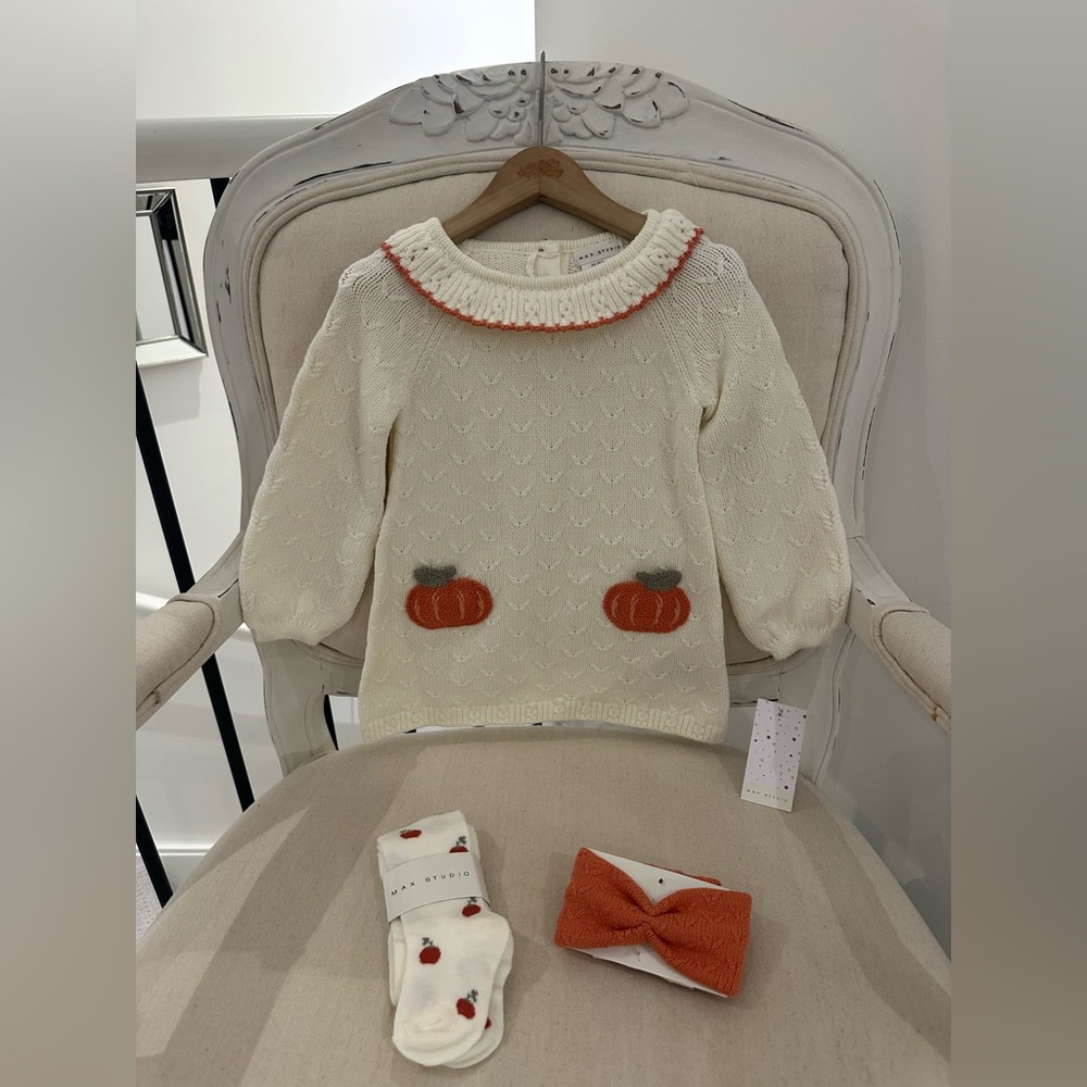 🍂 12 Mth Knit Ivory~Cream Sweater Dress with Pumpkin Design tights & Hair Bow